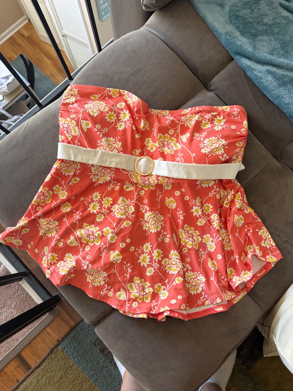 Strapless Coral Floral Bathing Suit Top with Cream Belt